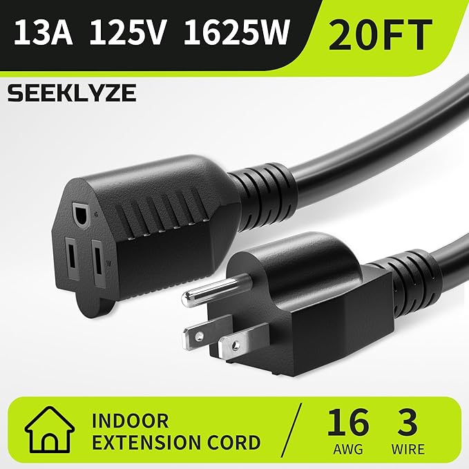16/3 Black 20 FT (2Pack) Extension Cord, Indoor Extension Cord for Laptops, Coffee Makers, Office Home Appliances, 3 Prong Resistant Cable Flexible, 13A 125V 1625W ETL Listed