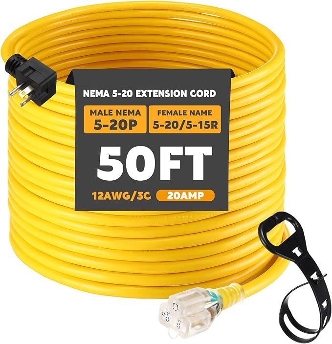 Kanayu 50FT NEMA 5-20 Extension Cord, 5-20P Male Plug to 5-20/5-15R Female Receptacle, 20 Amp T-Blade Outlet Extension Power Cord with Indicator Light, 12 AWG, ETL Listed