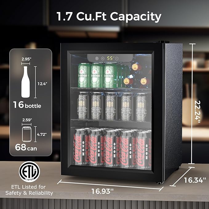 COWSAR Mini Fridge Cooler, 16 Bottle 68 Can Beverage Refrigerator with Glass Door for Wine Beer Soda, Wine Fridge with Touch Control Panel, Wire Shelving for Home Office Bar, 1.7 Cu. Ft