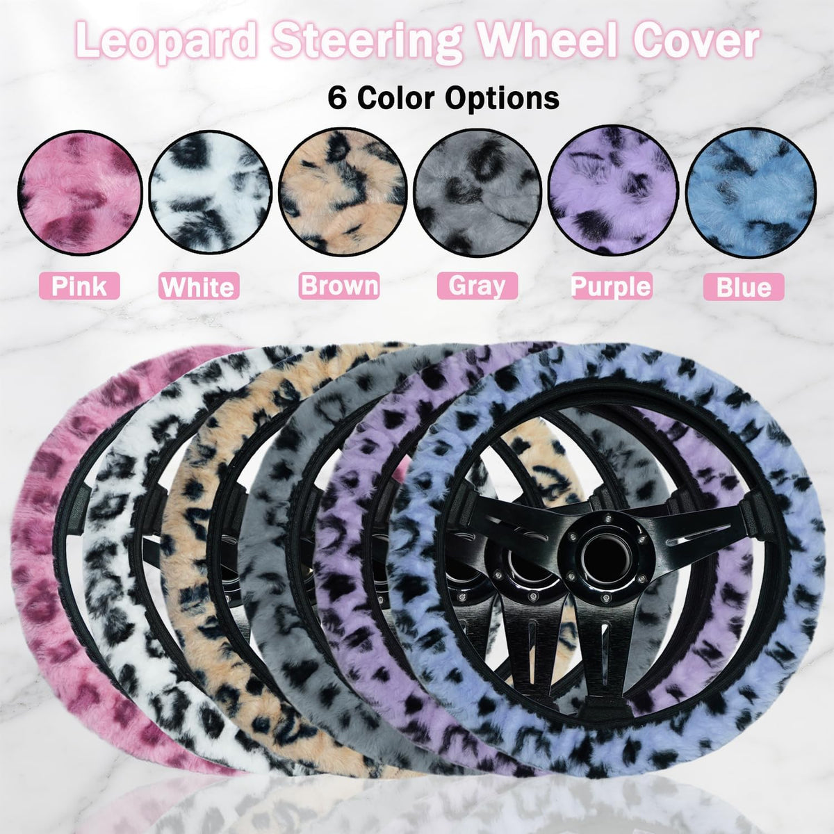 Pink Leopard Steering Wheel Cover with Fluffy Keychain Fit 14"-15"