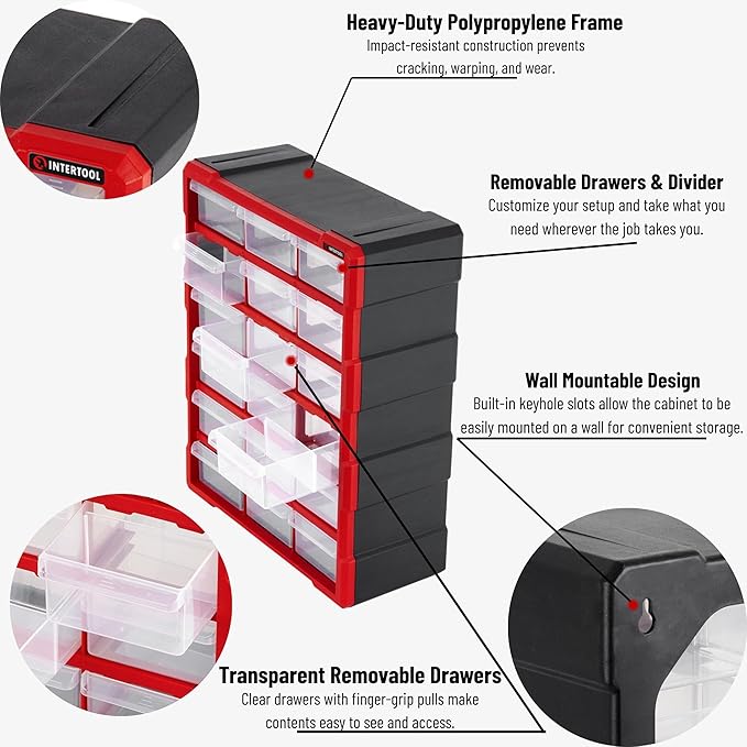 INTERTOOL Small Parts Organizer for Hardware & Screws | 18 Removable Bins with Dividers | Wall Mount or Desktop Craft & Lego Storage Cabinet | 19” x 15” x 7” BX08-4019