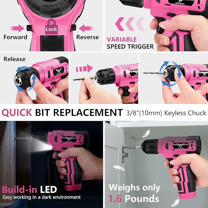 JENABOM Tool Set - 8V Cordless Drill Set, 127 Piece Home Tool Set With Hand Drill, Tool Kit for Women & Men, Perfect for Homeowner, Diyer, Handyman, Pink