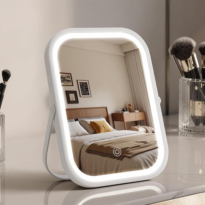 Vanity Mirror with Lights, 8"×6" LED Makeup Mirror Built-in 1500mAH Lithium Battery, 3-Color Lighting, Dimmable, Lighted Up for Makeup Desk (White)