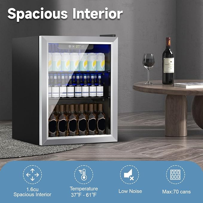 DOGHLY 72 Cans/1.7 Cu.Ft Beverage Refrigerator Glass Door Mini Fridge | Fast Cooling Mini Cooler with Adjustable Shelves for Soda, Beer, Wine, Low Noise Beverage Fridge for Home, Office,and Dorm