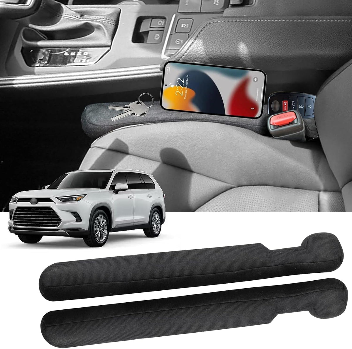 Car Seat Gap Filler Compatible with Toyota Highlander Grand Highlander Accessories Seat Gap Blocker Fit Organizer Fill The Gap Between Seat and Console Stop Things from Dropping Pack of 2 Black