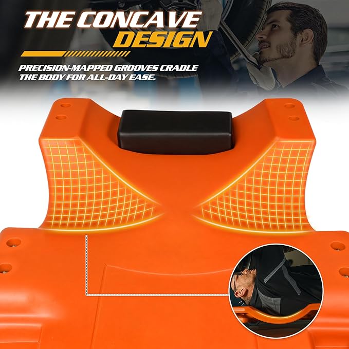Magshion Mechanic Creeper with Padded Headrest and Tool Tray, 330 lbs Capacity Rolling Garage Shop Creeper with 6 Wheels, Lightweight and Portable Automotive Creeper (Orange)
