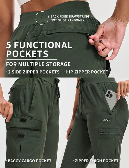 BVVU Women's Hiking Pants - Lightweight Quick-Dry Waterproof Cargo Joggers with Zipper Pockets
