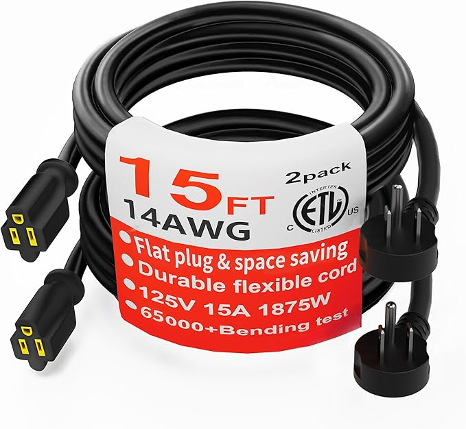 HUANCHAIN 14 Gauge 15 FT (2PACK) Flat Plug Extension Cord Black Indoor Outdoor, Heavy Duty 3 Prong Grounded Low Profile Extension Wire Flexible, 15A 1875W 125V 14AWG SJTW, ETL Listed