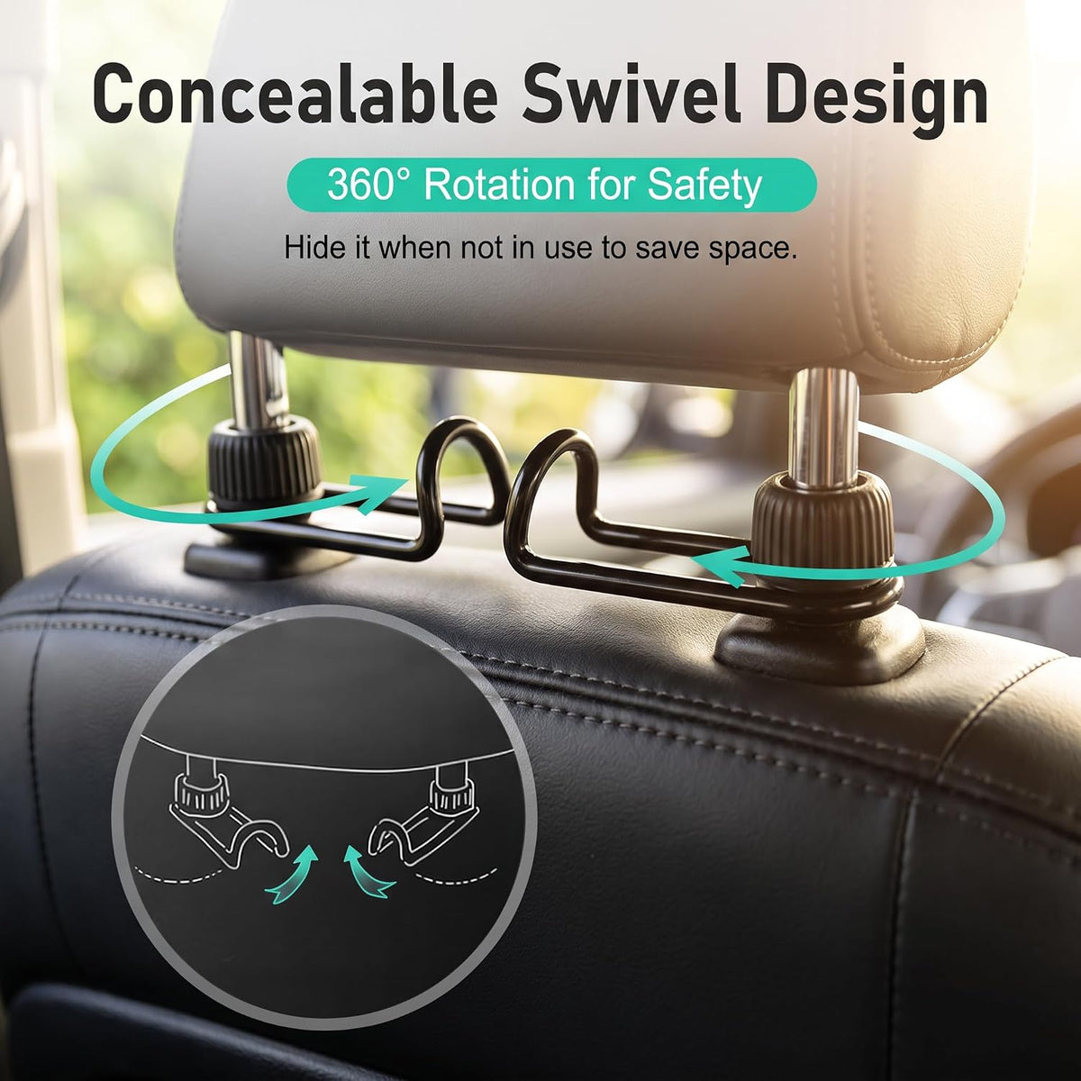 2 PCS Car Headrest Hooks, Heavy Duty Alloy Swivel Concealable Design Seat Back Hangers for Purses and Bags, Universal Vehicle Interior Storage Organizer for Most Car SUV Truck (Black)