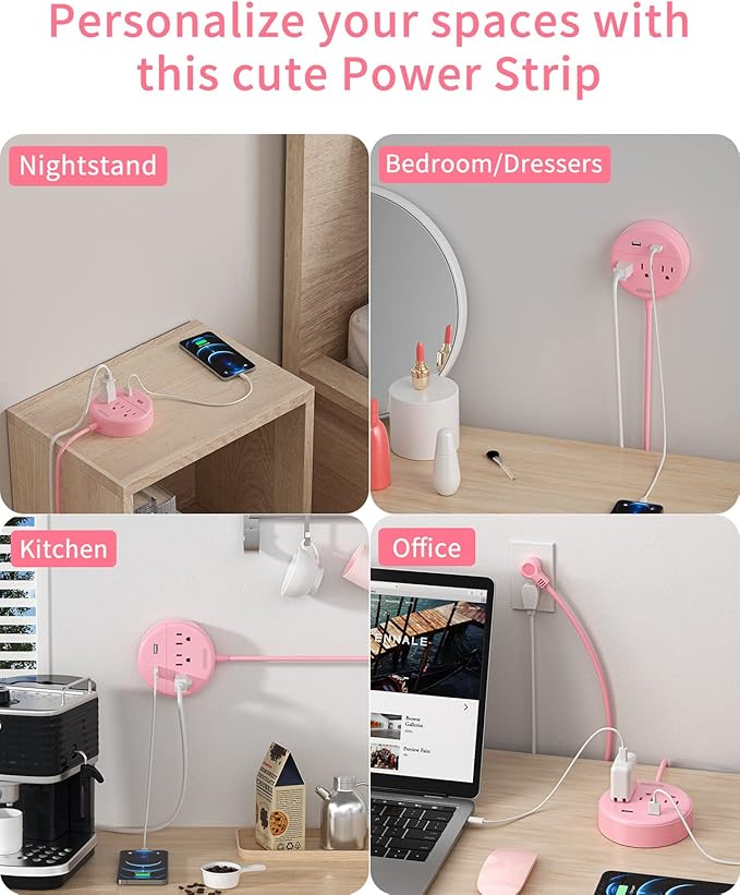 Pink Extension Cord 15ft, NTONPOWER Flat Plug Power Strip with Long Extension Cord, 3 Outlet 2 USB Desktop Charging Station Wall Mount for Home, Dorm Room, Office and Nightstand, ETL Listed