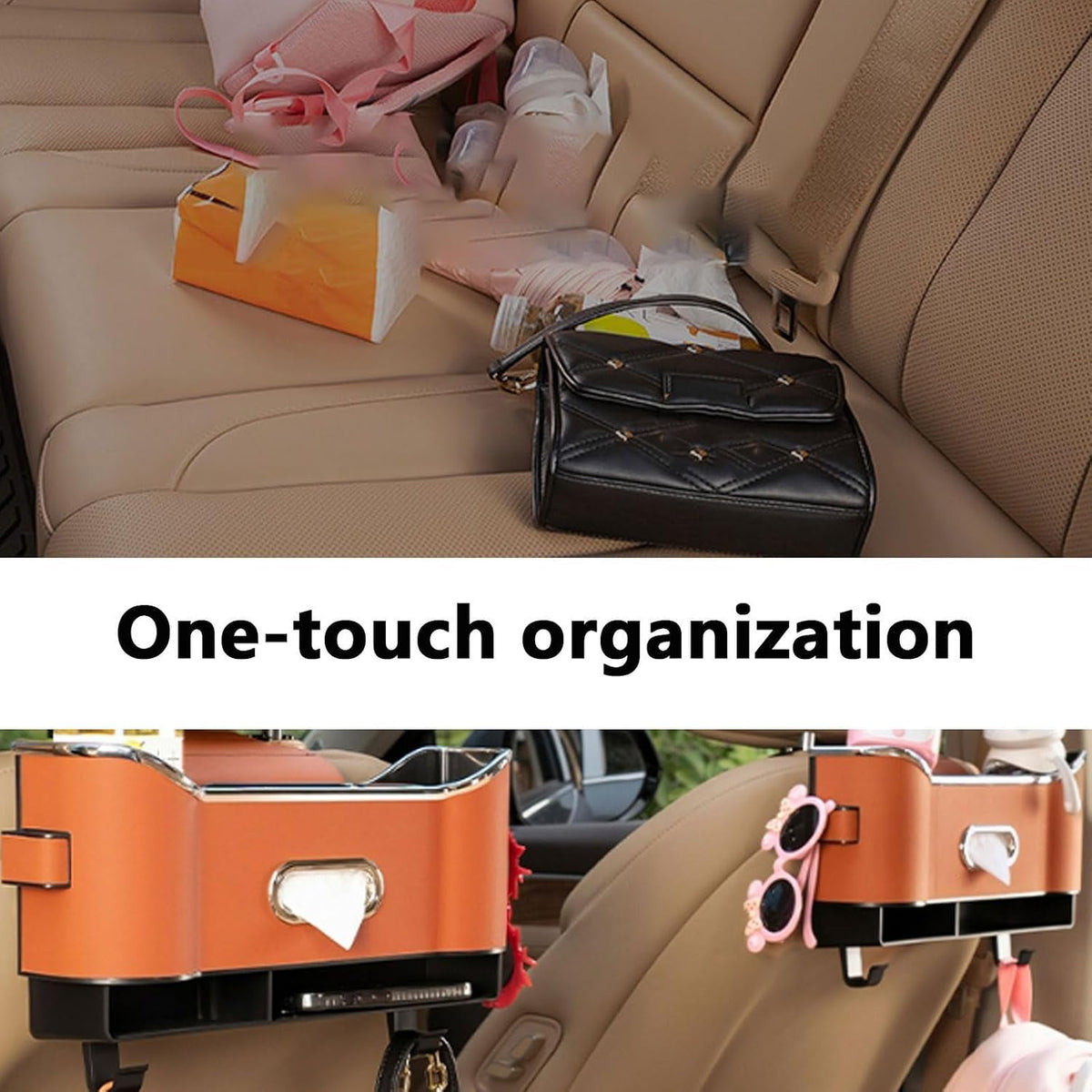 Multifunctional Car Seat Back Storage Box, Car Seat Tissue Box and Storage Box,Universal Car Tissue Organizer Back Seat with 2 Drink Cup Holder (Brown)