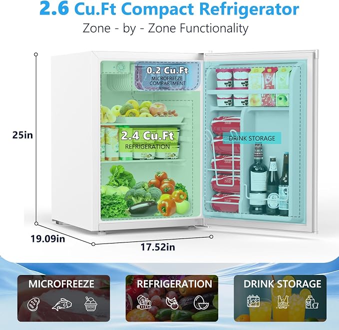 COWSAR 2.6 Cu.Ft Mini Fridge with Freezer, Quiet Reversible Door Compact Refrigerator, Small Refrigerator with 2 Removable Shelves, Adjustable Thermostat, for Office, Bedroom, Dorm, White