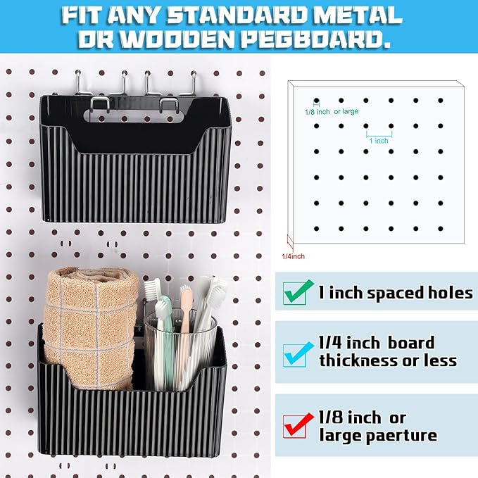 Suzile 4 Pcs Pegboard Bins Plastic Bins Set 7.9 x 3.3 x 4.7'' Pegboard Containers with Metal Hooks Organizing Assortment Accessories for Organizing Storage Tools Storage Workbench Garage (Black)