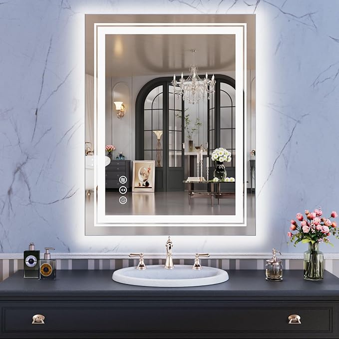 WTTY LED Bathroom Mirror 28"x36" with Backlit and Front Light,Stepless Dimmable LED Mirror for Bathroom,Anti-Fog Lighted Bathroom Vanity Mirror Modern,Memory Function,Shatter-Proof
