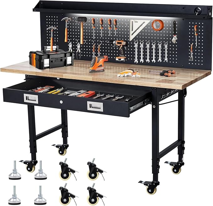 Workbench 60" x 22" Adjustable Height Worktable, Heavy Duty Rubber Wood Top, 2000 LBS Load Capacity, Tool Storage Workstation with Drawer, Pegboard, Power Outlets & Lockable Wheels, with Drawer Back