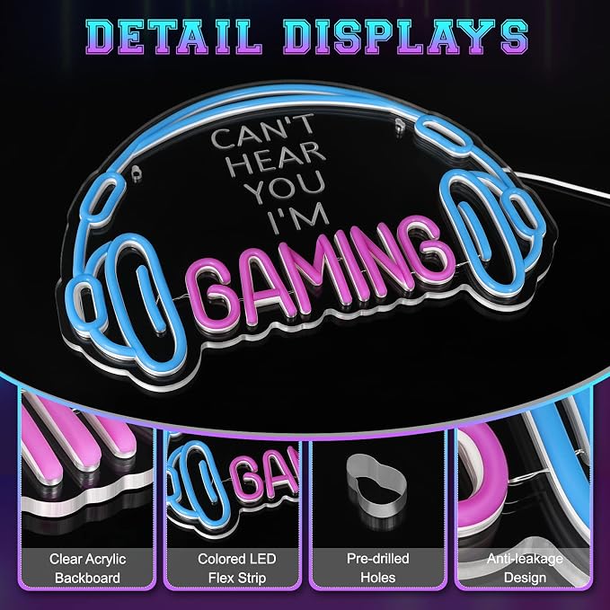 Gaming Neon Sign, Large Bright and Dimmable Colored LED Headset Gamer Neon