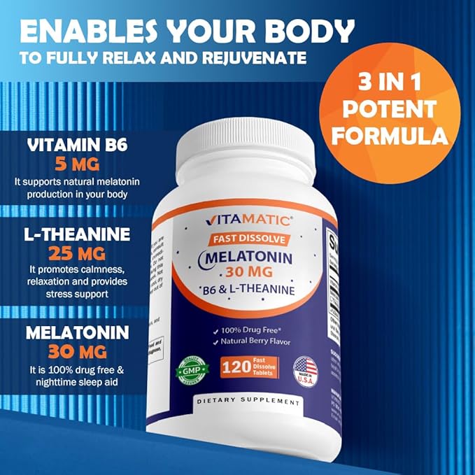 Vitamatic Melatonin 30 mg - with B6 & L-Theanine - 120 Fast Dissolve Tablets with Natural Berry Flavor (2 Tablets Dose = Melatonin 60 mg) (120 Count (Pack of 3))