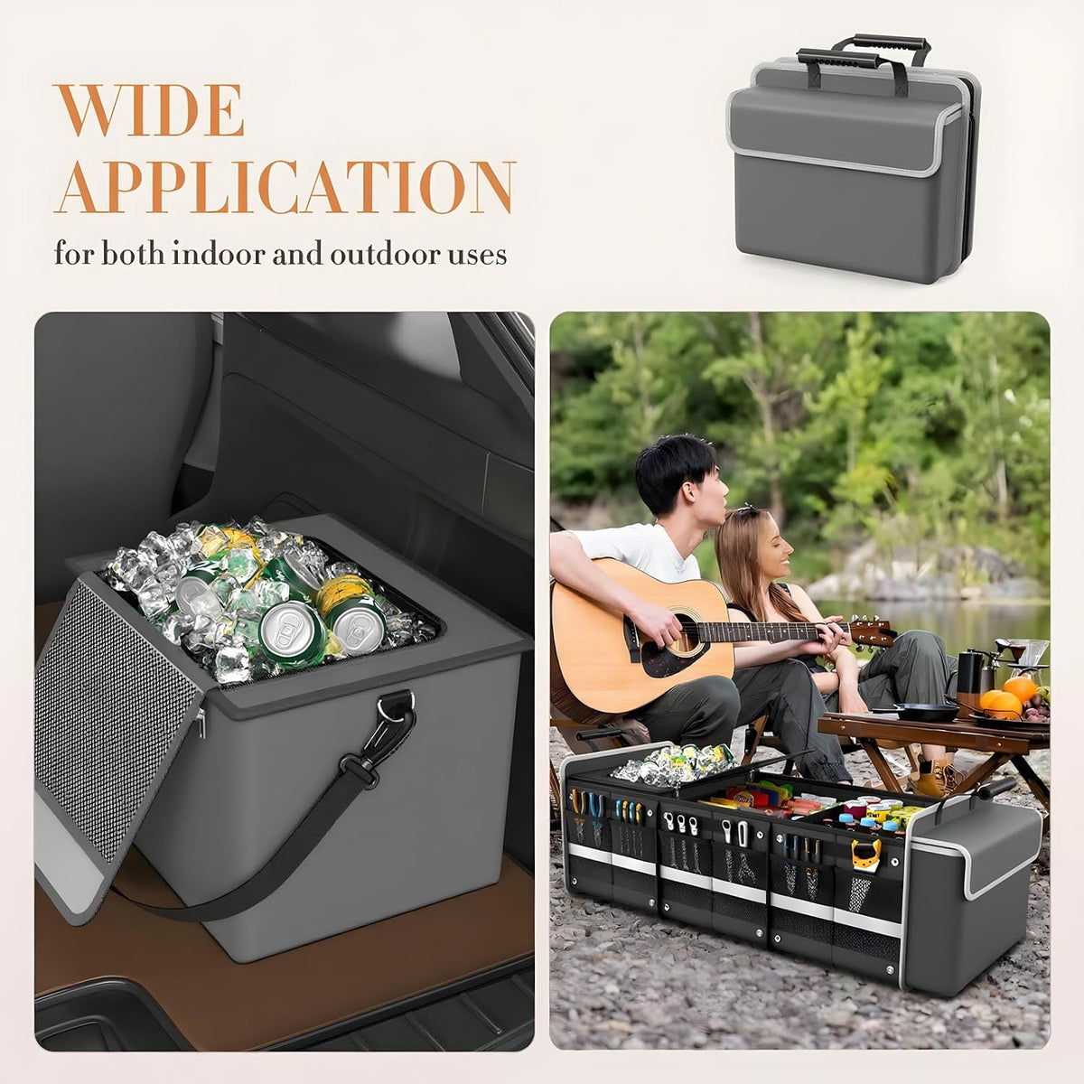 Large Trunk Organizer for SUV with Premium Portable Cooler Bag, Car Organizers and Storage with Foldable Cover, Collapsible Car Trunk Organizer for Truck, Adjustable Securing Straps, 90L+20L, Gray-C