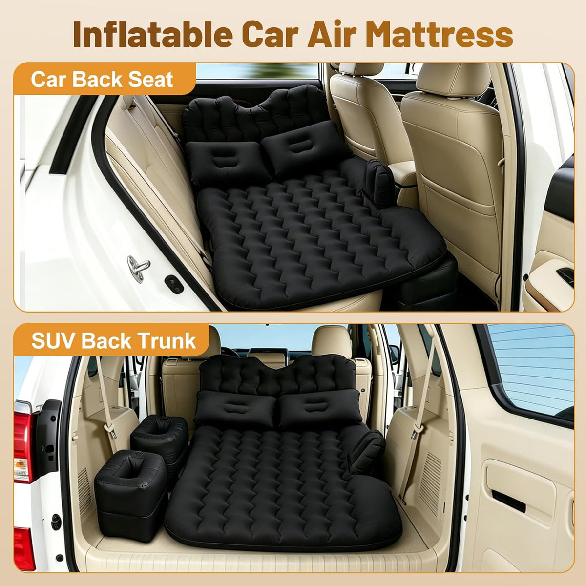Onirii Inflatable Car SUV Air Mattress Back Seat Bed | Portable Thickened Car Travel Camping Sleeping Air Mattress Blow Up Bed with Air Pump for Car Universal SUV