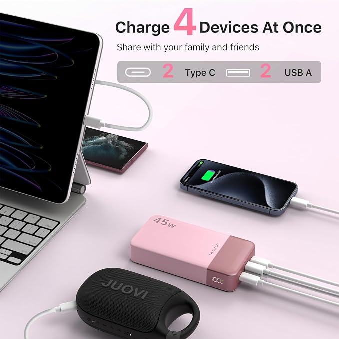 JUOVI J2621 Power Bank Portable Charger 20000mAh 45W, PD3.0 QC 4.0 Fast Charging Battery Pack with LED Display,2 USB-C,2 USB-A for iPhone 15 16, MacBook