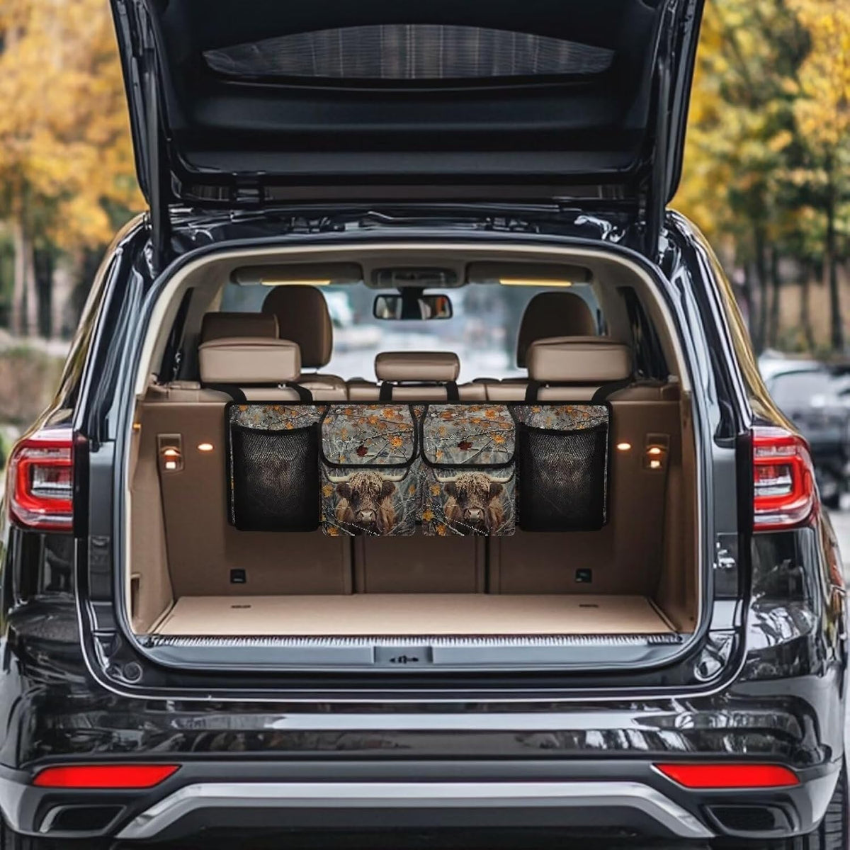 Branch Cattle Design Car Trunk Organizer,Backseat Hanging Organizer with 4 Large Storage Pockets,Trunk Bag for Car,SUV,Truck,Van Kids Travel Not Easy to Fade