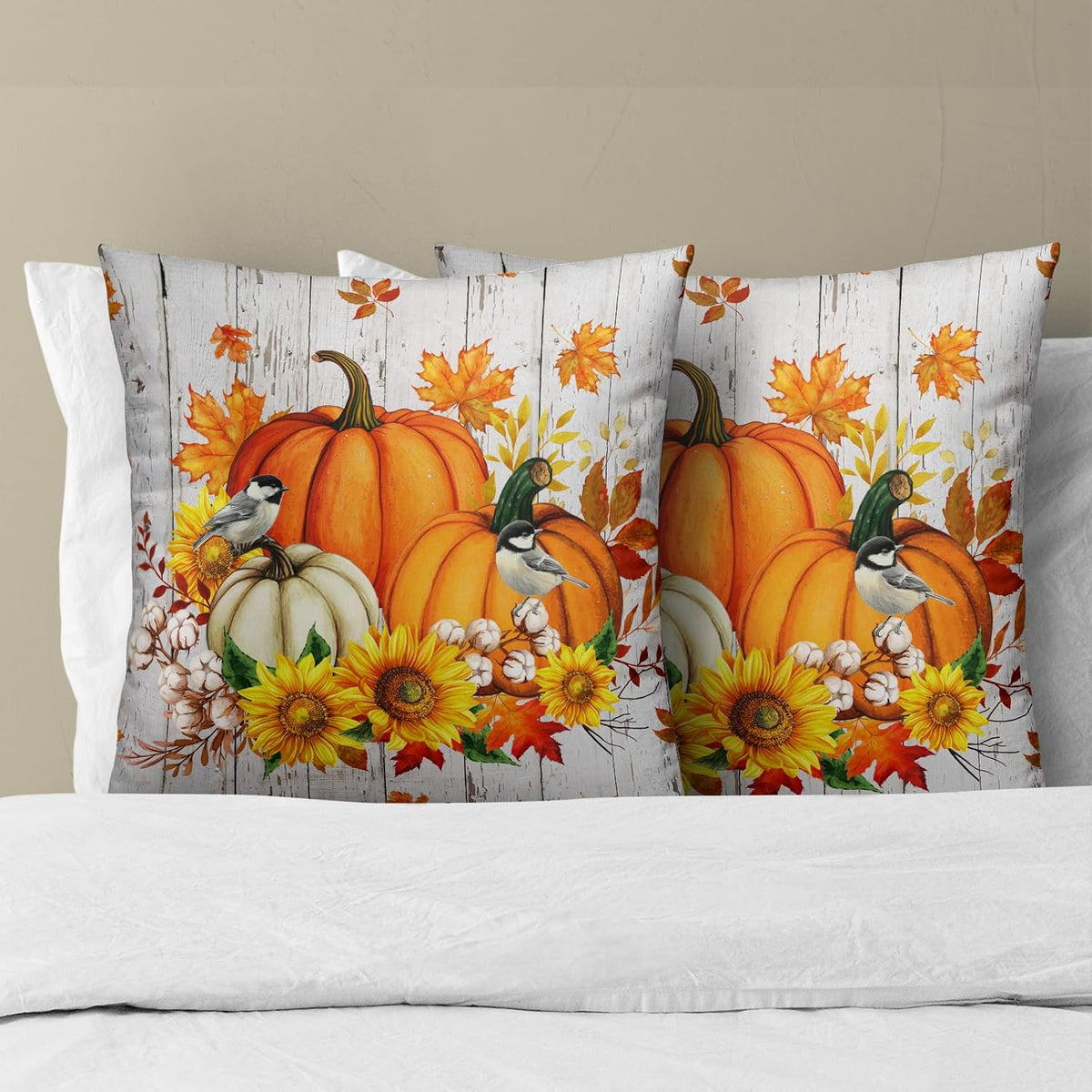 Giwawa Autumn Pumpkin Throw Pillow Covers 16x16 Inch Sunflower Wood Cotton Cushion Cases Set of 2 Seasonal Accent Pillowcase for Sofa Couch Patio