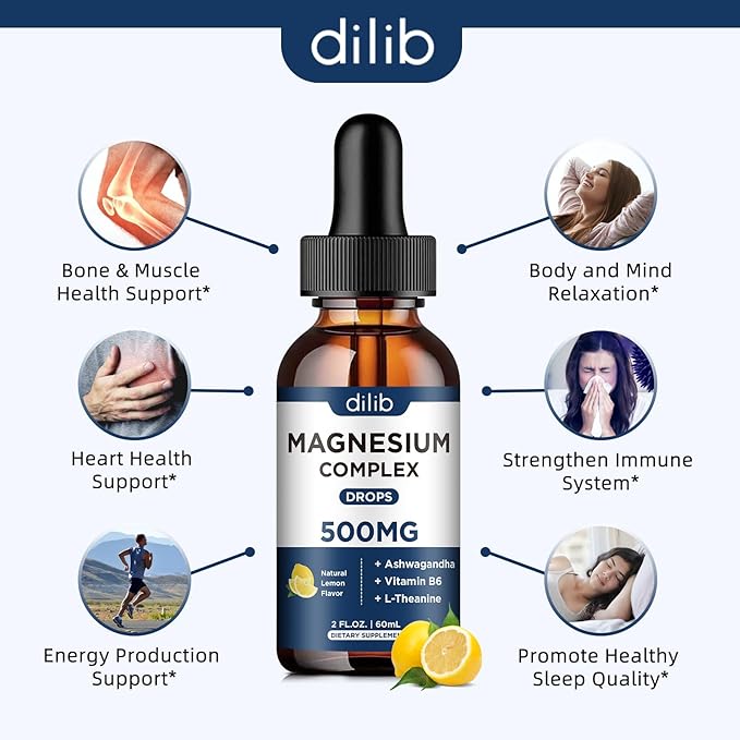 (2 Pack) Magnesium Glycinate, Citrate, Malate Liquid Drops-Triple Magnesium Complex Supplement 500mg with Ashwagandha, L-Theanine, Vitamin B6-Support Calm, Stress Relief, Sleep, Muscle-Lemon Flavor