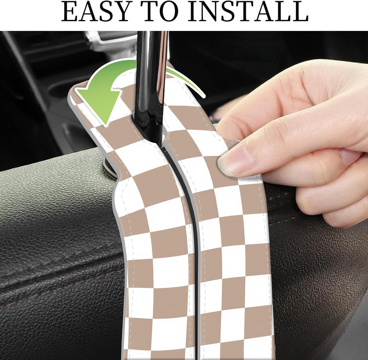 PU Leather Car Seat Hook, Storage Headrest Hanger, Cute Car Backseat Organizer, Car Hooks For Purses and Bags, Beige Checker