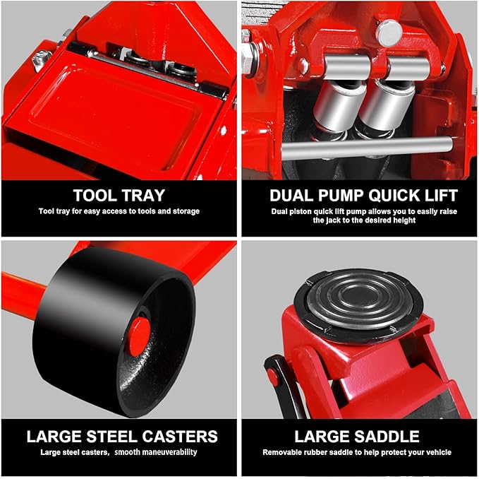 Jack Boss 4 Ton Floor Jack Hydraulic Low Profile Floor Jack with Dual Piston Quick Lift Pump, 4 Ton (8,800 lbs) Capacity, Red