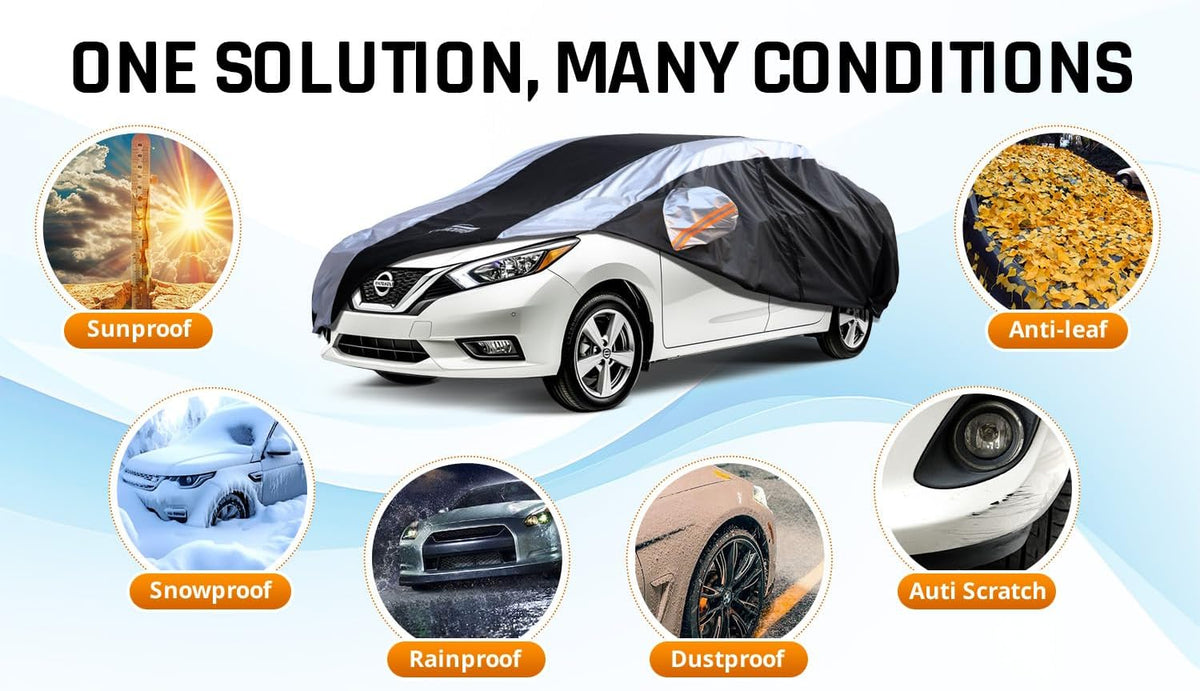 Versa Car Cover Waterproof All Weather with Silver Strip Design, Custom Fit for Versa 20012–2025, Versa Accessory with Door Zipper & Windproof Straps