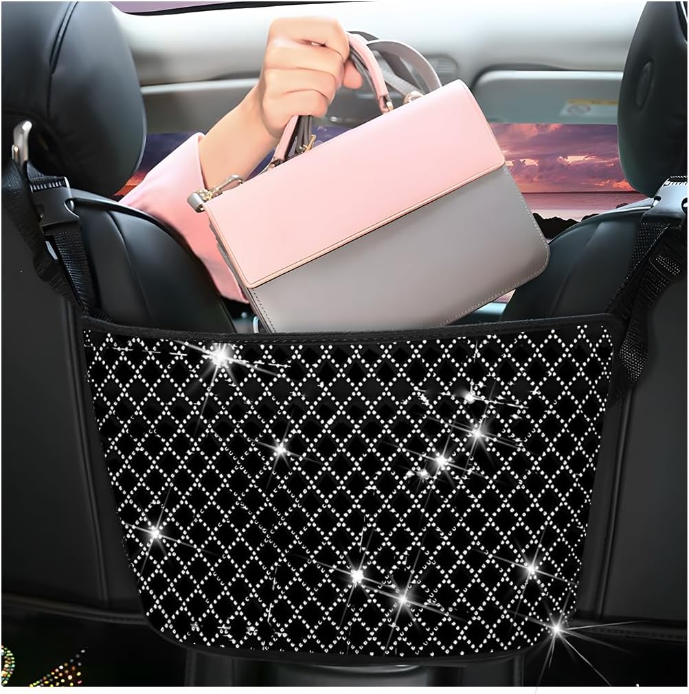 zipelo Bling Car Net Pocket Handbag Holder, Rhinestone Vehicle Backseat Purse Organizer Between Seats, Diamond Hanging Storage Bag Barrier of Pet Kids, Universal Automotive Accessories (White)