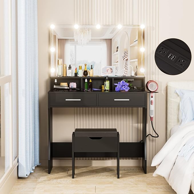 Makeup Vanity with Lighted Mirror & Outlet Charging Station, Vanity Set Makeup Table with Hair Dryer Holder, 3 Lighting Colors, Brightness Adjustable, 31.5in(W)