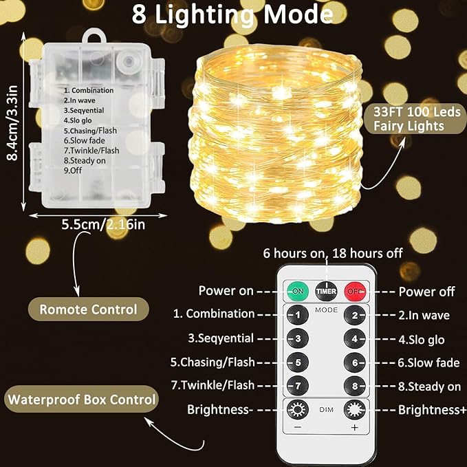 Beieverluck 16 Pack 33FT 100 LED Fairy Lights Battery Operated Fairy Lights with Remote and Timer Waterproof String Lights Outdoor Indoor for Bedroom Wedding Christmas Decorations, Warm White