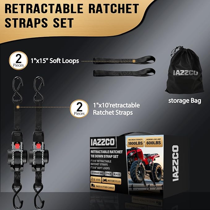10FT Retractable Ratchet Straps(2-Pack) - 1 Inch (1800 LB Break Strength) Heavy Duty Self Retracting Ratchet Straps with Soft Loops & Storage Bag for Household, Motorcycle, Truck, ATV(Black)