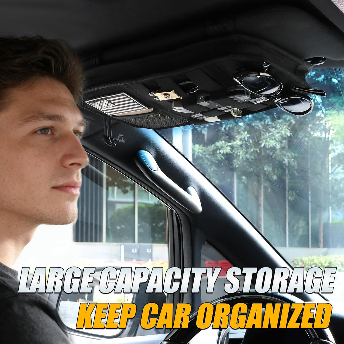 Falafa Car Sun Visor Organizer, Semi-Rigid Molle Panel for Tactical Gears with Zipper Visor Storage Pouch & Glasses Clip, Universal Fit for Trucks, SUVs, Jeeps & Patrol Vehicles