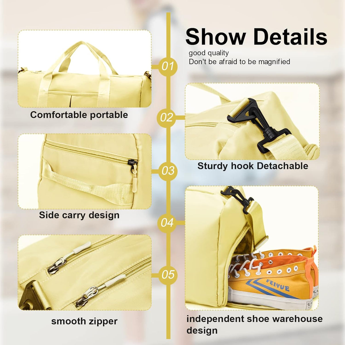 ZGWJ Sports Gym Bag - Waterproof Weekender with Wet Pocket & Shoe Compartment | Lightweight Beige