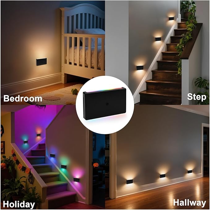 Wall Lights for Stairway Indoor Outdoor, 100V-277V Wired LED Recessed Stair Lights for Outlet Box, 2.5W Dimmable RGB Color Changing Lights for Christmas Halloween, IP65, ETL, Black, 6Pack