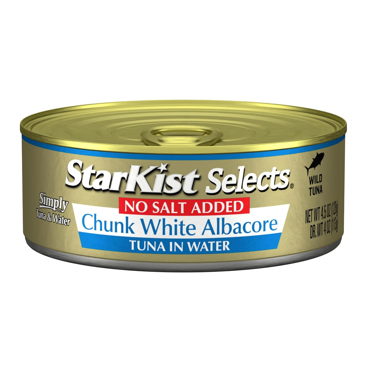 StarKist Selects No Salt Added Chunk White Albacore Tuna, 4.5oz, 12-Pack | 30g Protein Per Serving, Wild Caught, Canned Tuna, Gluten Free, Soy Free, Perfect for Salads, Sandwiches