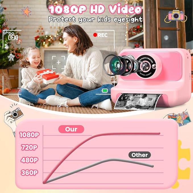 Kids Camera Instant Print, Kids Camera 1080P HD Video Digital Camera, Christmas