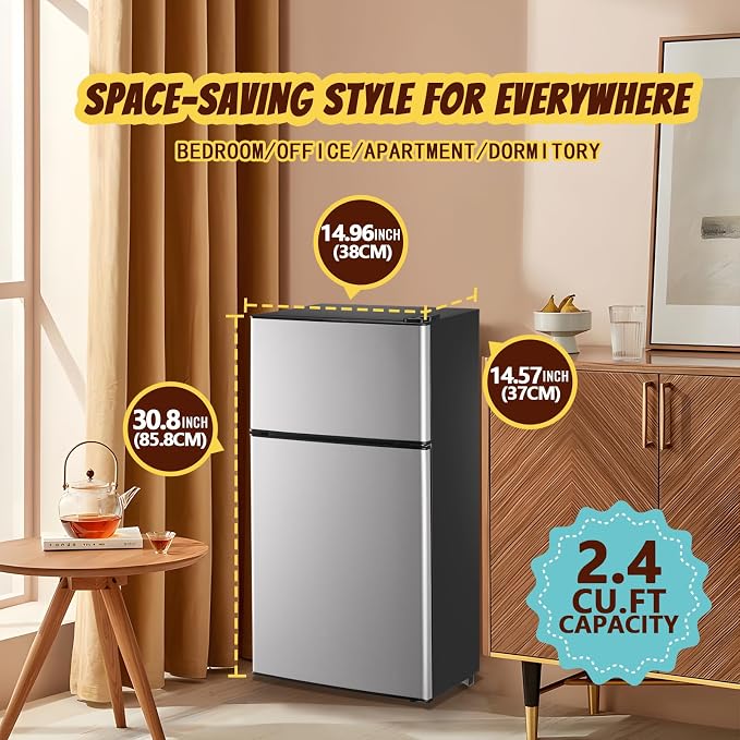 Mini Fridge 2.4 Cu.ft Mini Refrigerator with Freezer Dual Door Dorm Fridge for Personal Senven Temp Gear Suit for Apartment, Bedroom, Rv Silver