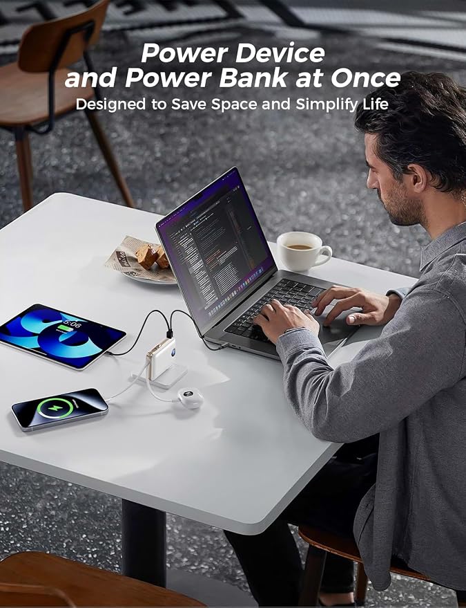 Portable Charger with Built-in Cables & Wall Plug, 10000mAh Power Bank, 4 Outputs 22.5W USB C Fast Charging, Slim Travel Battery Pack with LED Display for iPhone 17/16/15/14, White