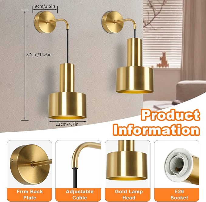 Gold Battery Operated Wall Sconce, Wireless Wall Lights Set of 2, Dimmable Wall lamp with Remote Control, 3000K-6000K Adjustable Modern Luxury LED Light Fixtures for Kitchen Bedroom Living Room Stairs
