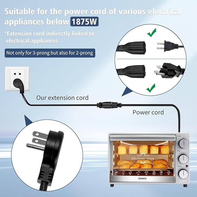 1875W Short Extension Cord,15A 16AWG Low Profile Flat Plug Heavy Duty Extension Cord Outlet Saver 3-Prong Grounded Power (Black 3 Feet)
