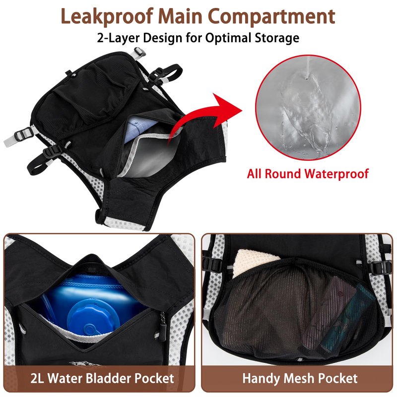 Running Hydration Vest for Women Men - Waterproof Running Water Backpack Hydration Pack with 12 Pockets, Lightweight Water Vest for Hiking Trail Cycling Marathon Race, Black