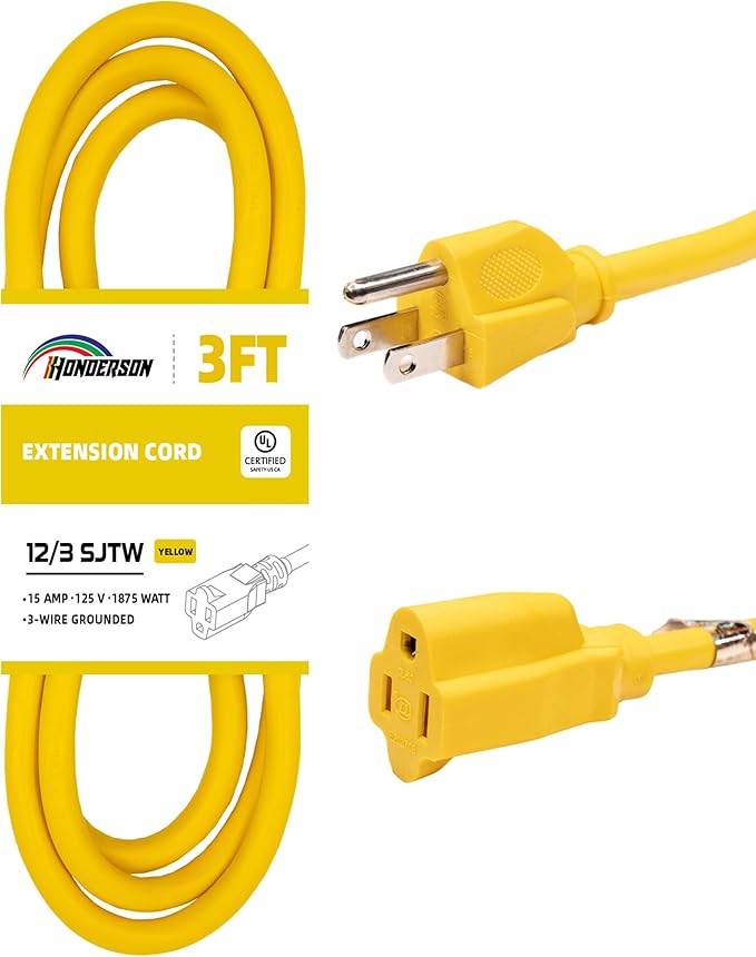 Extension Cord Weatherproof, UL Certified, 12 Gauge 3FT Yellow 3 Prong Heavy Duty, 12/3 SJTW 15A Power Cord for Lights, Appliances, Lawn
