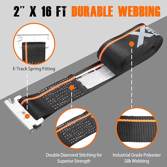 XSTRAP STANDARD 4 Pack E-Track Ratchet Straps 2" x16', 4400 LBS Break Strength Interior Van Solution Heavy Duty Tie Down Strap for Moving, Truck, Trailers, Motorcycles, Kayaks, Car Roof, Black