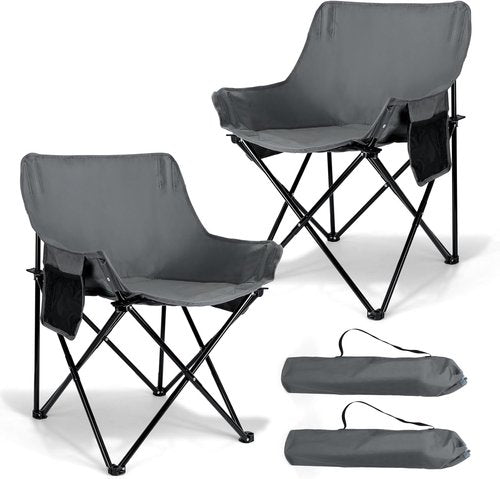 Leonyo Outdoor Folding Camping Chairs - Heavy Duty Portable Design with Cup Holder & Storage Pocket | 2 Pack, Grey