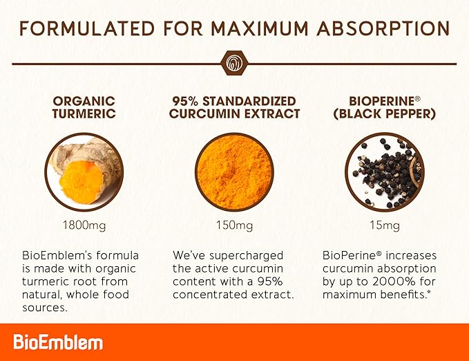 BioEmblem Turmeric Curcumin Supplement with BioPerine | Joint Support & Heart Health | with Organic Turmeric Powder & 95% Curcuminoids Extract | California Made, Non-GMO, 30-Day Supply