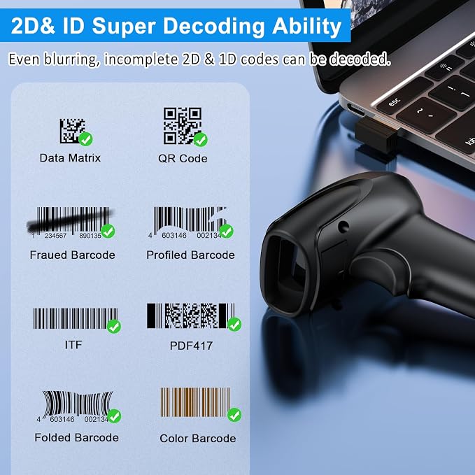 Symcode 2D Wireless Barcode Scanner, 1D QR Bar Code Reader Scanner Automatic