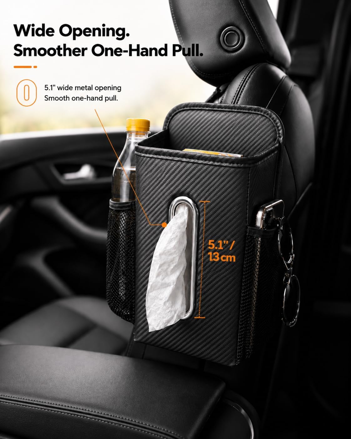 Leather Car Tissue Holder for Front & Back Seats, Car Tissue Box with 2 Side Mesh Pockets, Wide Metal Opening for Easy Pull, Fits 100–160 Count Rectangular Tissue Boxes, Carbon Fiber